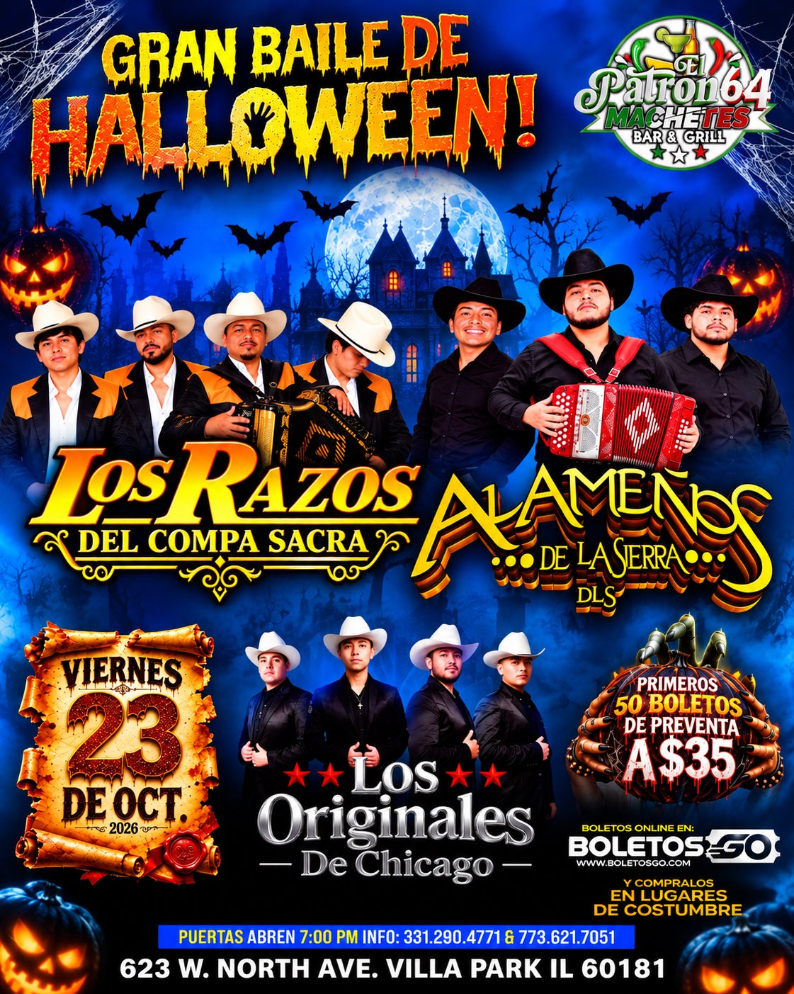 Flyer Gran Baile de Halloween, El Patrón 64, Villa Park, 23 octubre 2026