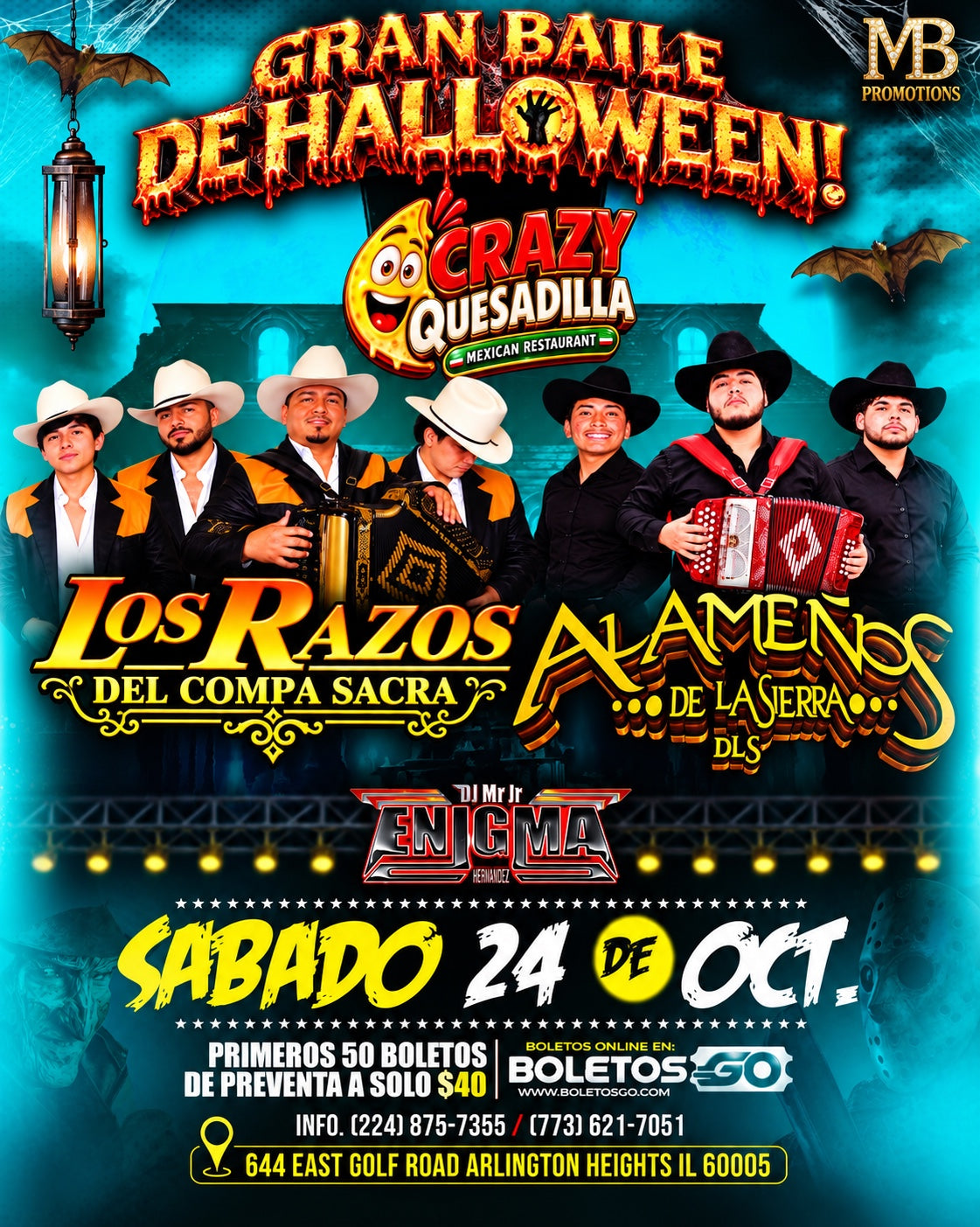 Flyer Gran Baile de Halloween, Crazy Quesadilla, Arlington Heights, 24 octubre 2026